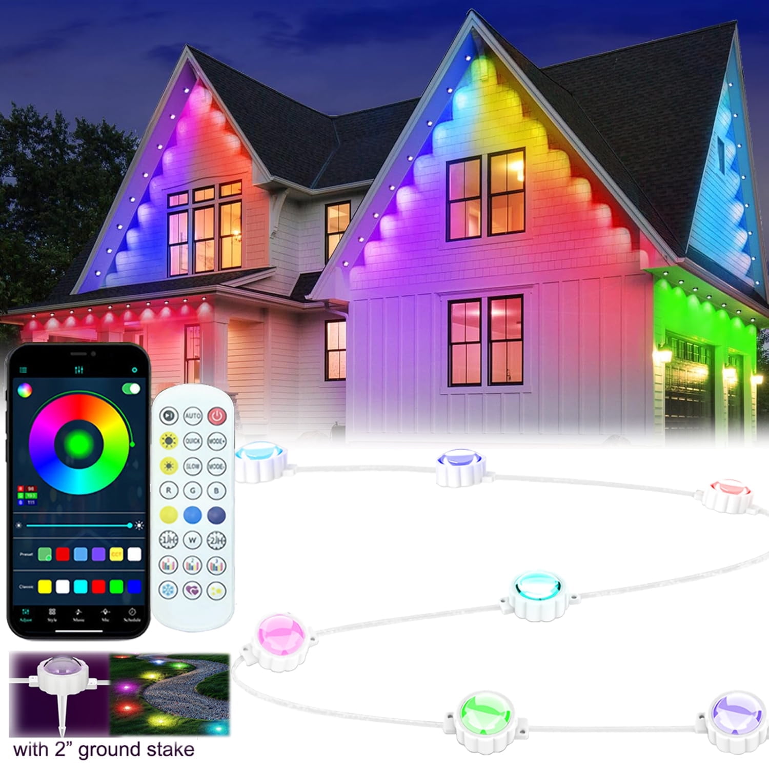 Permanent Outdoor Lights 100FT RGB Easter Decorations Outdoor Lights, 72 LED Ground Lights, IP67 Waterproof Eaves Lights with Remote\u0026App,Color Changing Outdoor Easter Lights for Roof Garden Yard